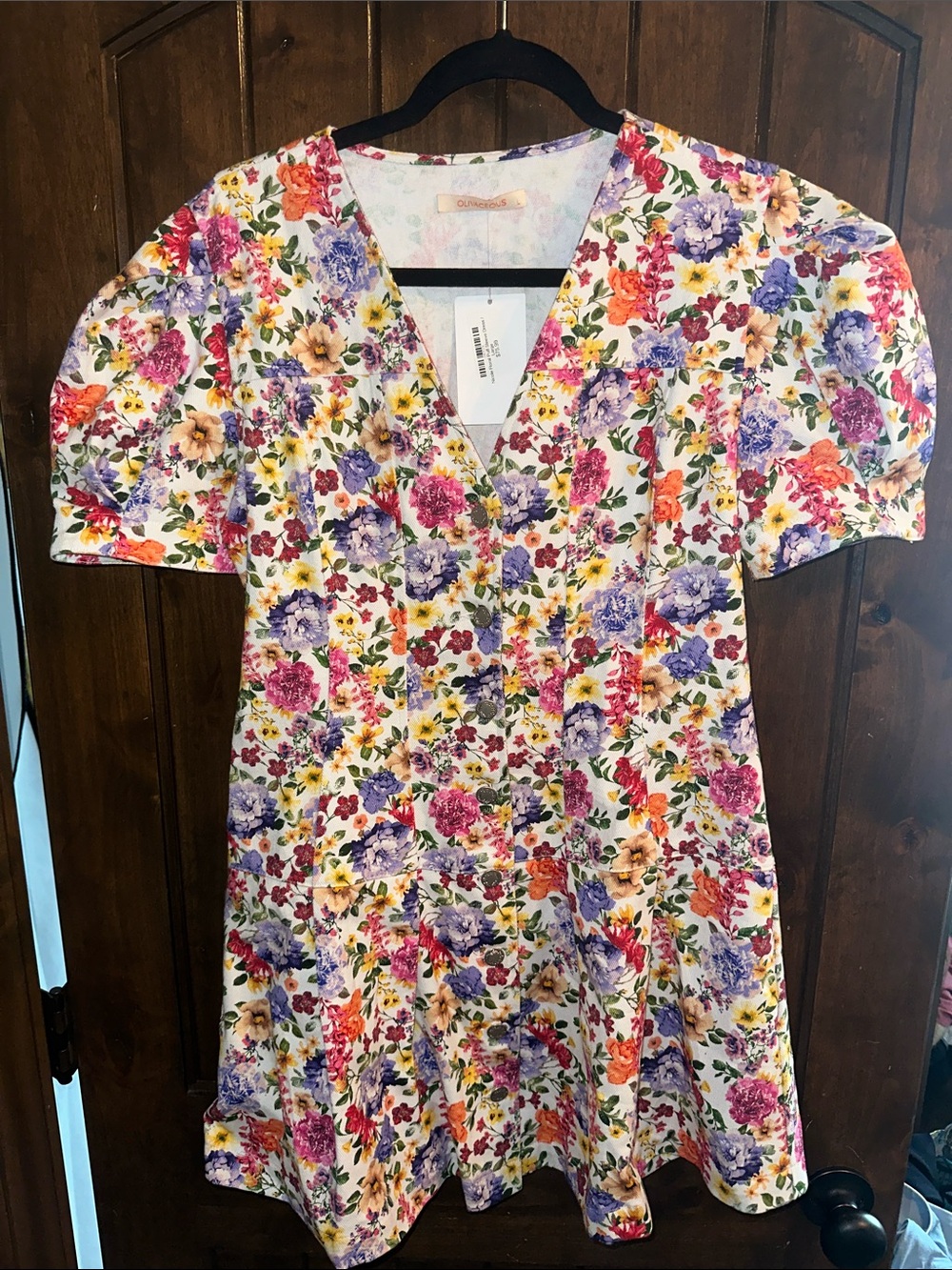 Olivaceous White Mini Dress with Purple, Pink & Yellow Floral Print